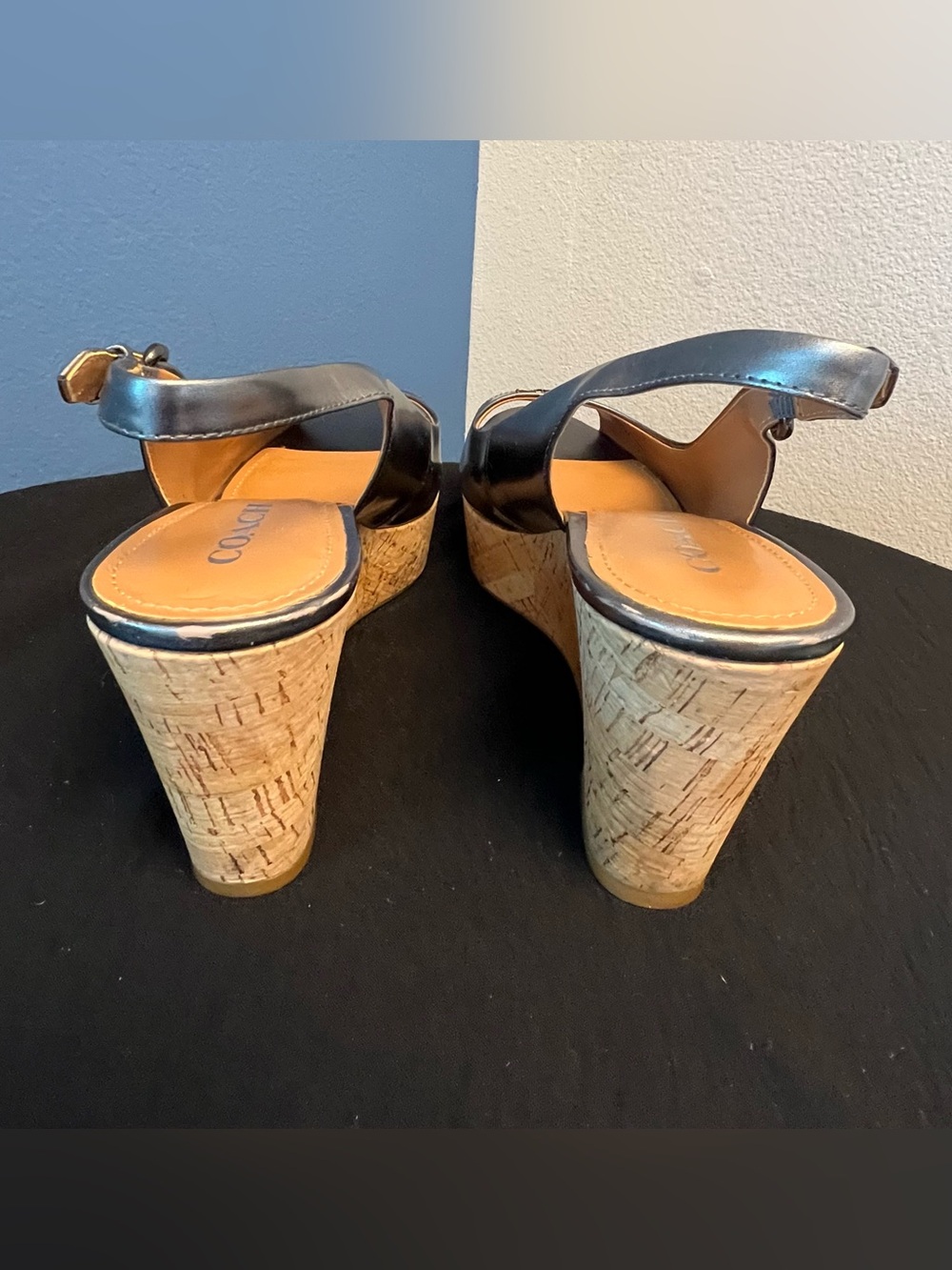 COACH Ferry Cork Wedge Metallic Gunmetal & Leather Peep Toe Slingback Sz 8.5 B - Picture 6 of 11